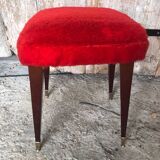 Ancien Tabouret Moumoute Rouge + Pieds Compas Bois Vintage