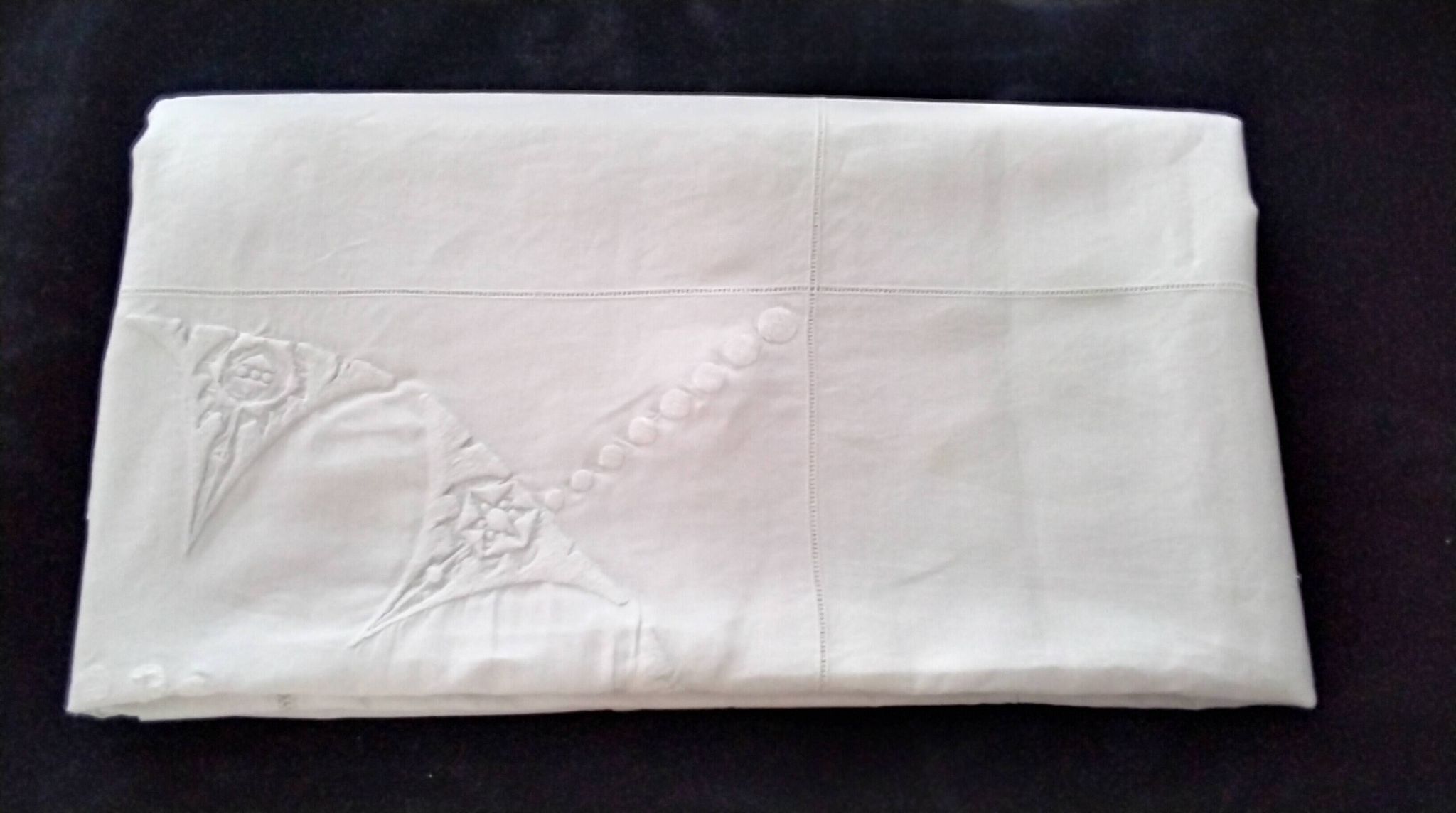 White linen tablecloth with embroidery and openwork, 1.65 x 2.40 m