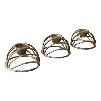 Three vintage doré brass candle holders with dome-shaped wire frame - Italian 1970s mid-century decor