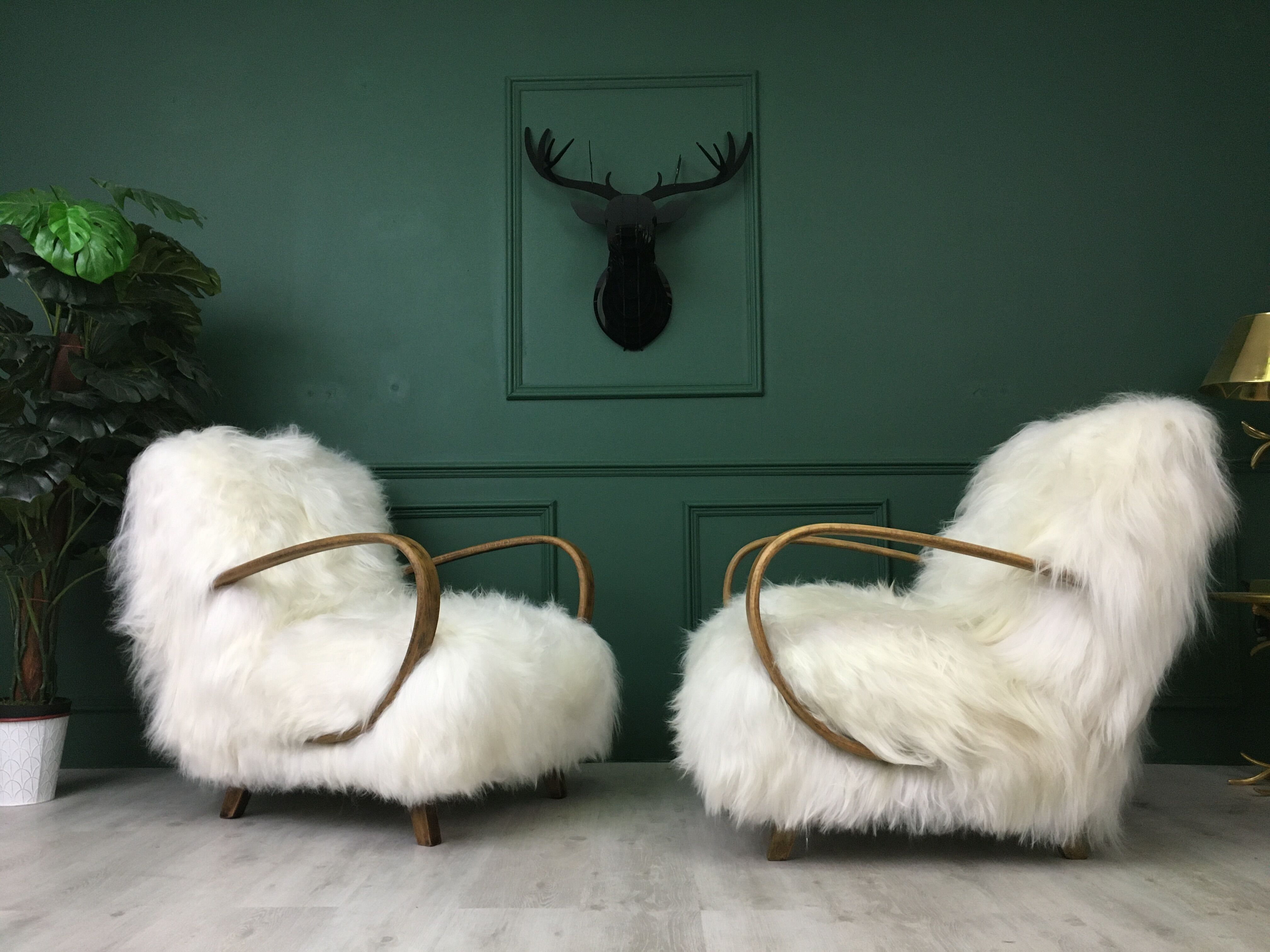 White fluffy sheepskin bentwood armchair halabala