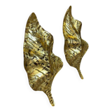 Large Pair of Murano Gilded Glass Leaf Wall Lights - Italy Circa 1980 H 67 cm