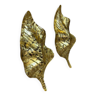 Large Pair of Murano Gilded Glass Leaf Wall Lights - Italy Circa 1980 H 67 cm