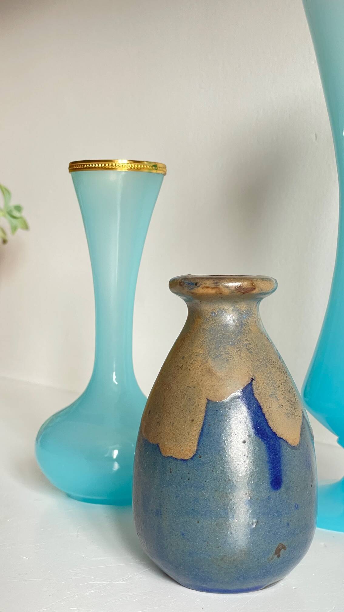 3 VASES Bleu Océan Grès et Verre OPALIN Vintage