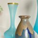 3 VASES Bleu Océan Grès et Verre OPALIN Vintage
