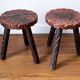 Set of two vintage round tripod stools, wooden farm stools.