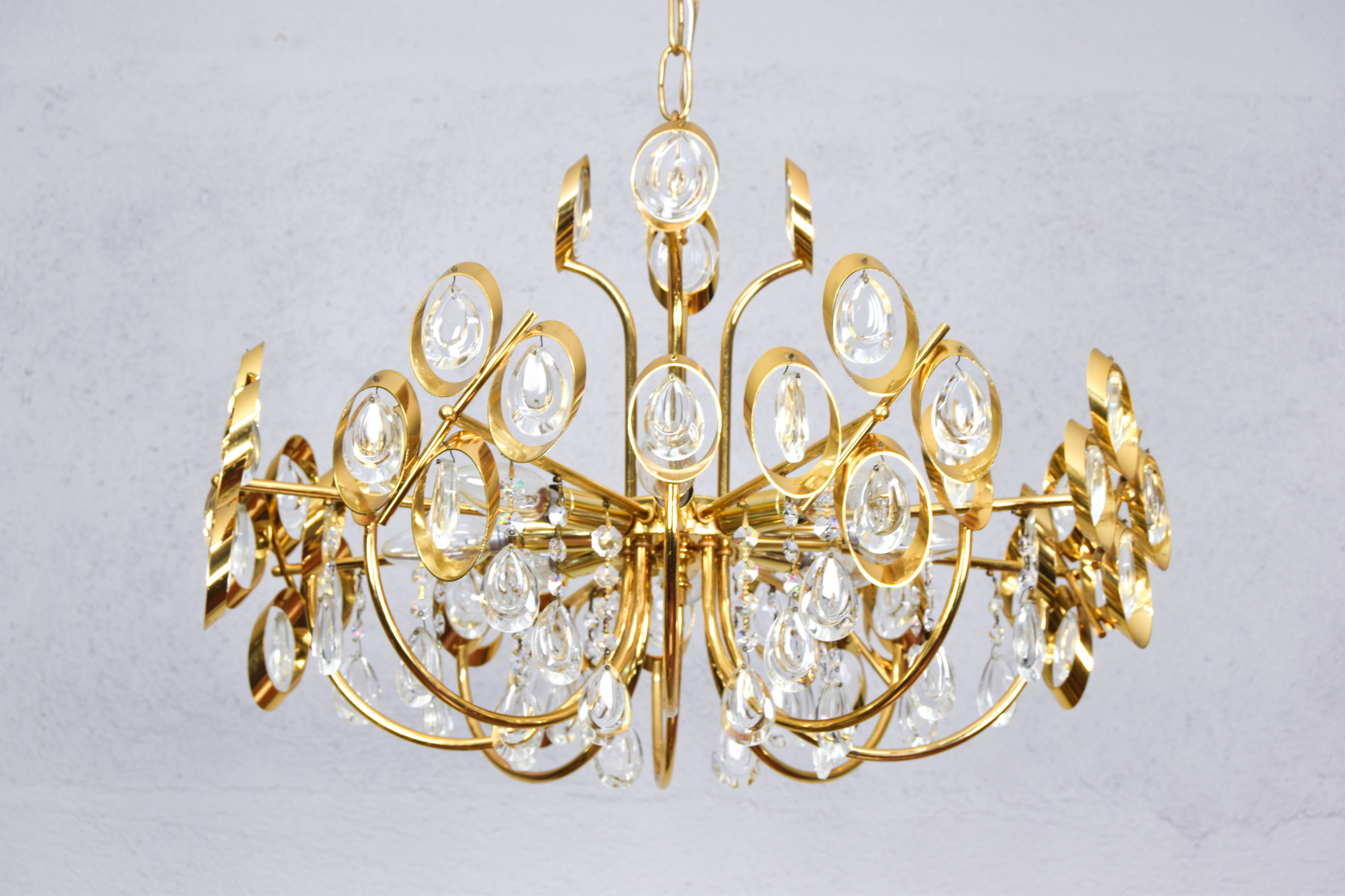 Mid century hollywood regency palwa gilt brass and crystal chandelier
