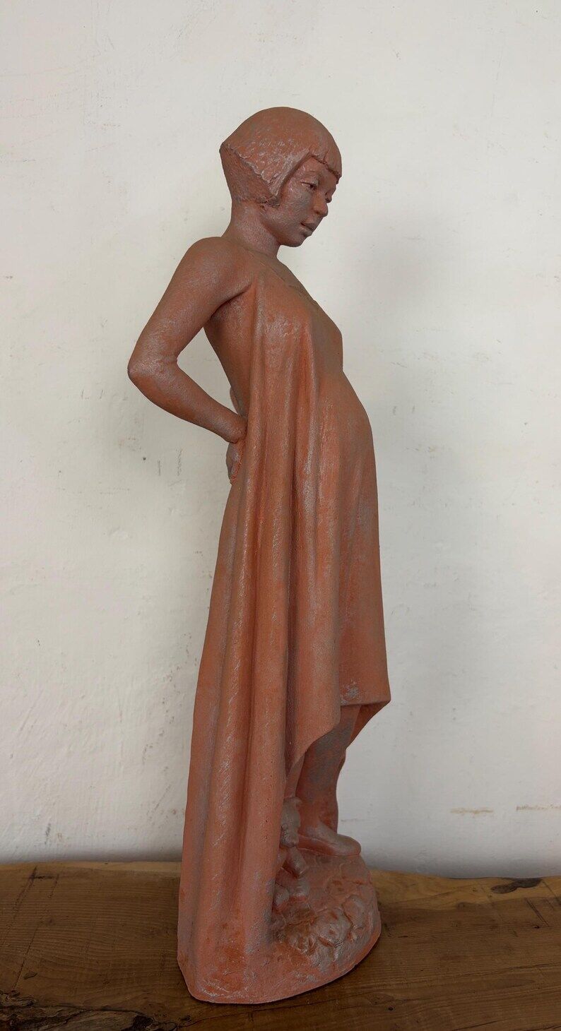 Vintage Terracotta Pregnant Woman Sculpture – Mid-Century Style Maternity Art Figurine