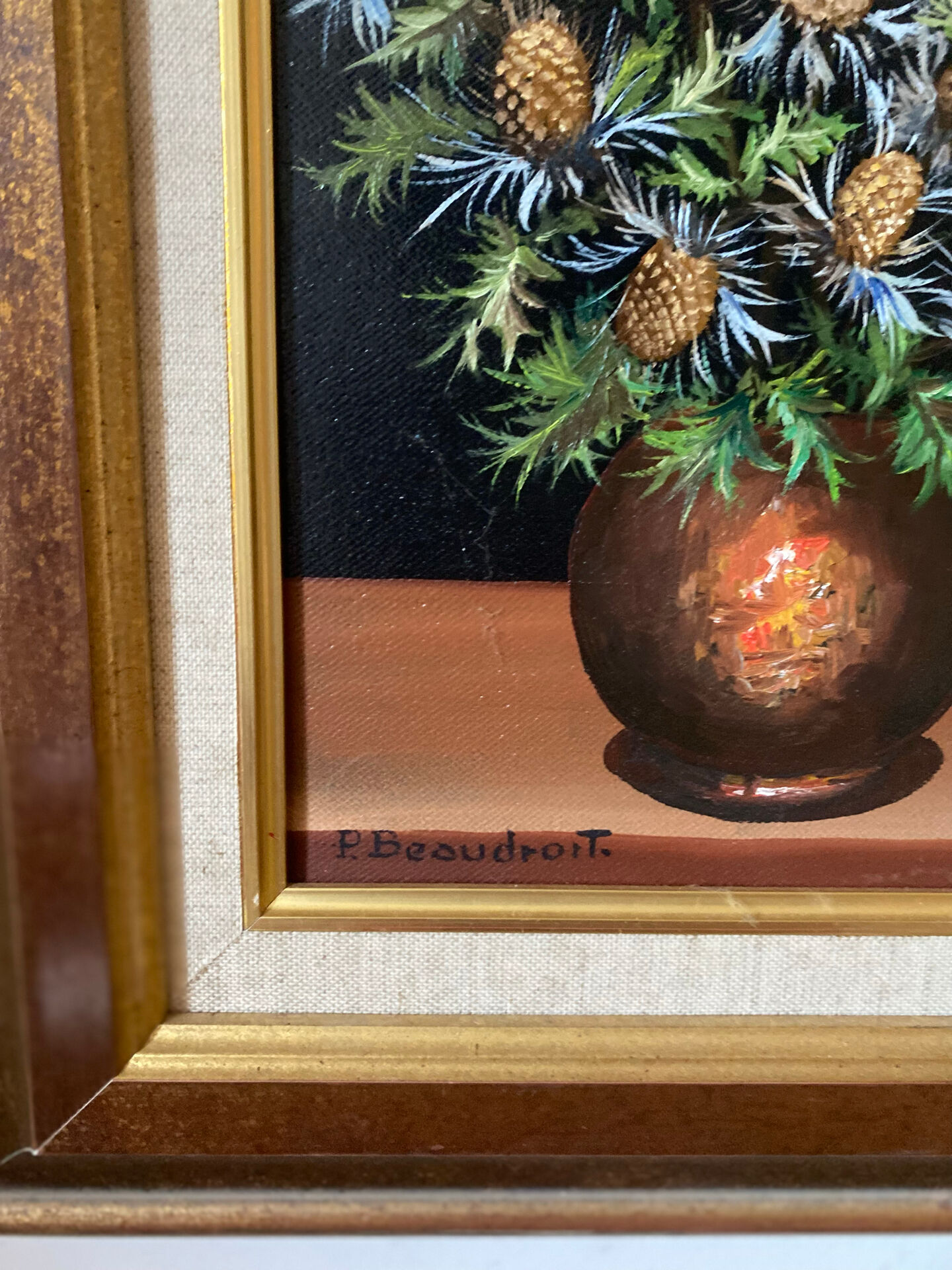 Still life with thistles, oil on canvas signed P. Beaudroit, 1992