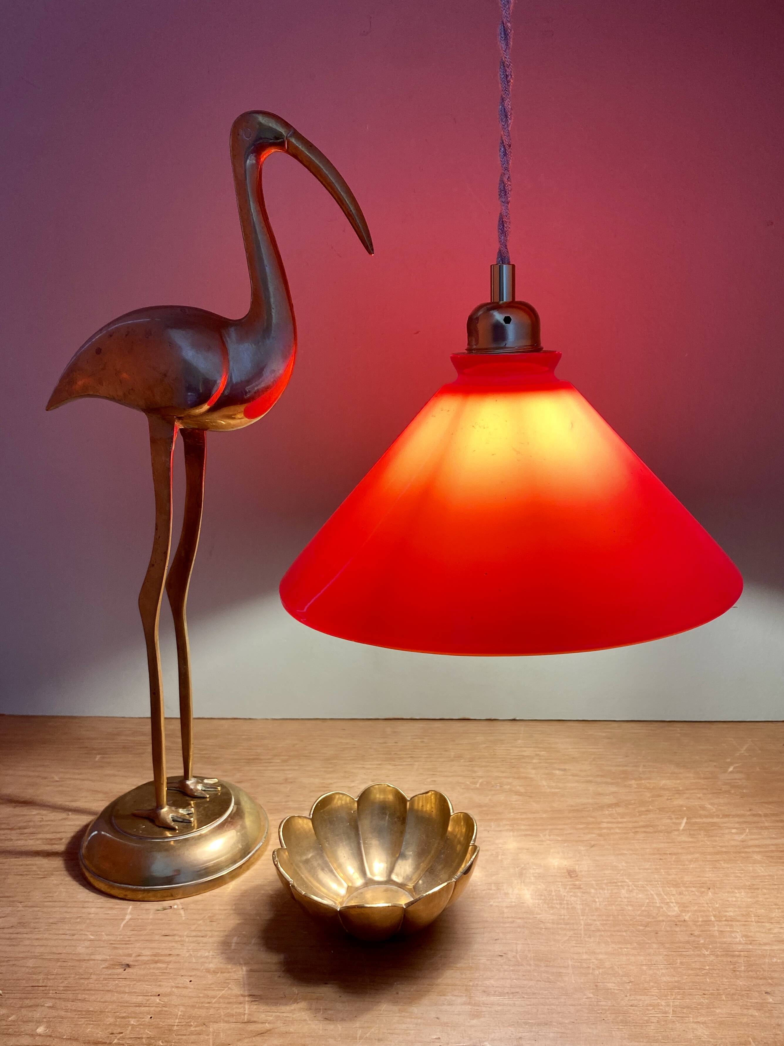 Vintage lampshade pendant light in red and white opaline