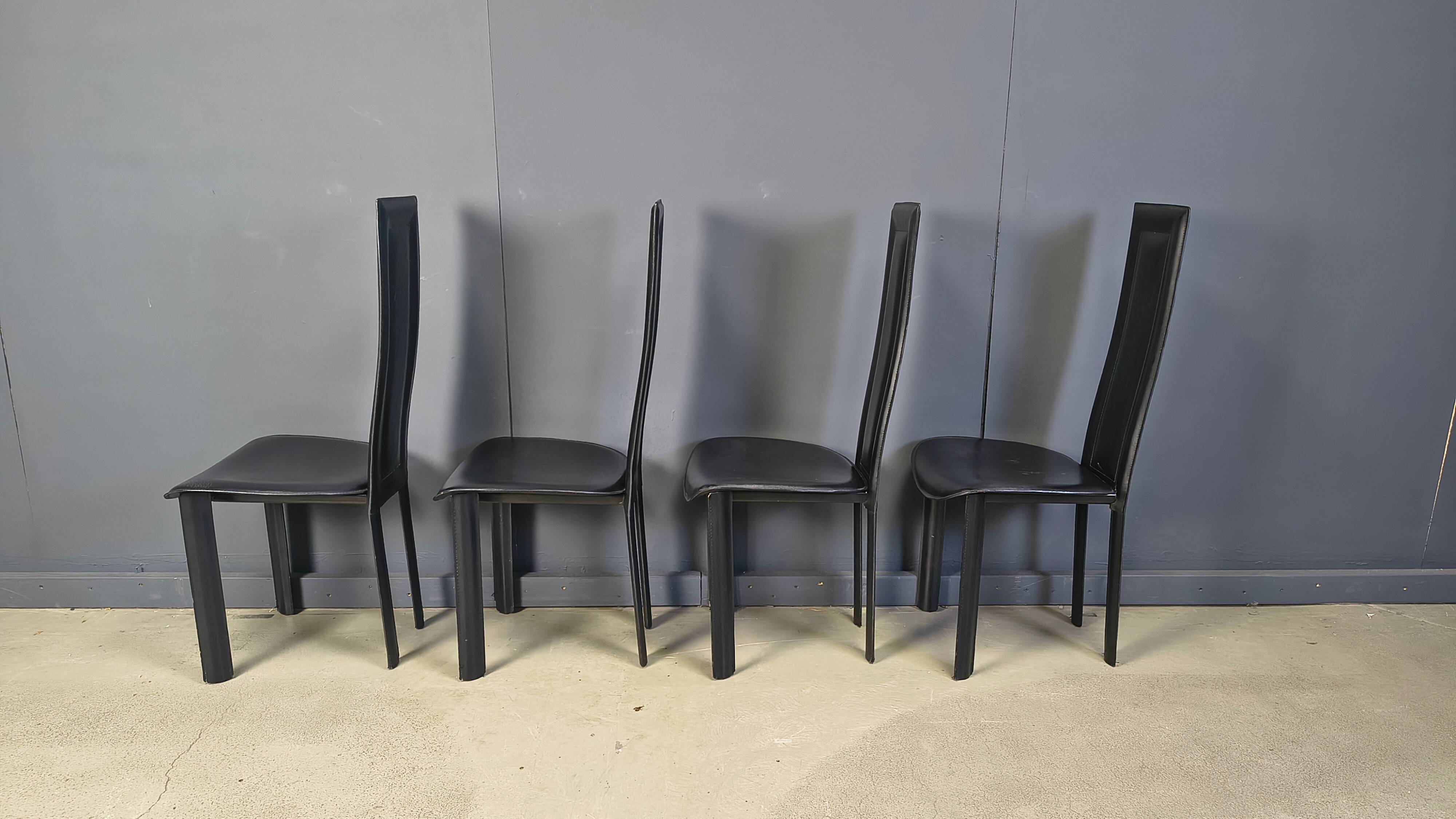 Vintage black leather dining chairs, set of 4, 1980s