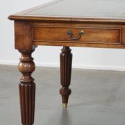 Large writing desk with green leather top, elegant legs and 3 English style drawers