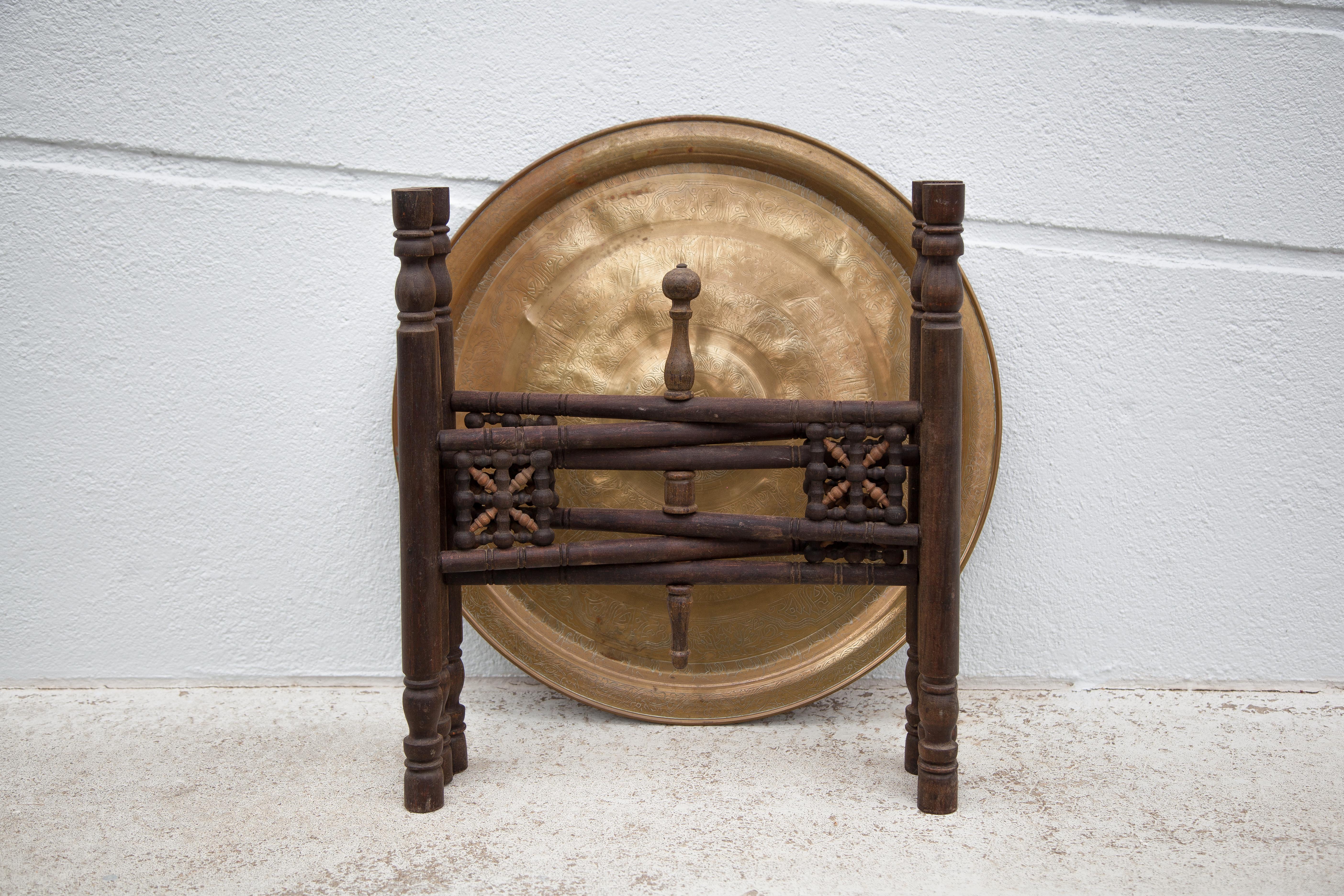 Moroccan coffee table, wooden table with removable brass top, brass top, tea table, vintage