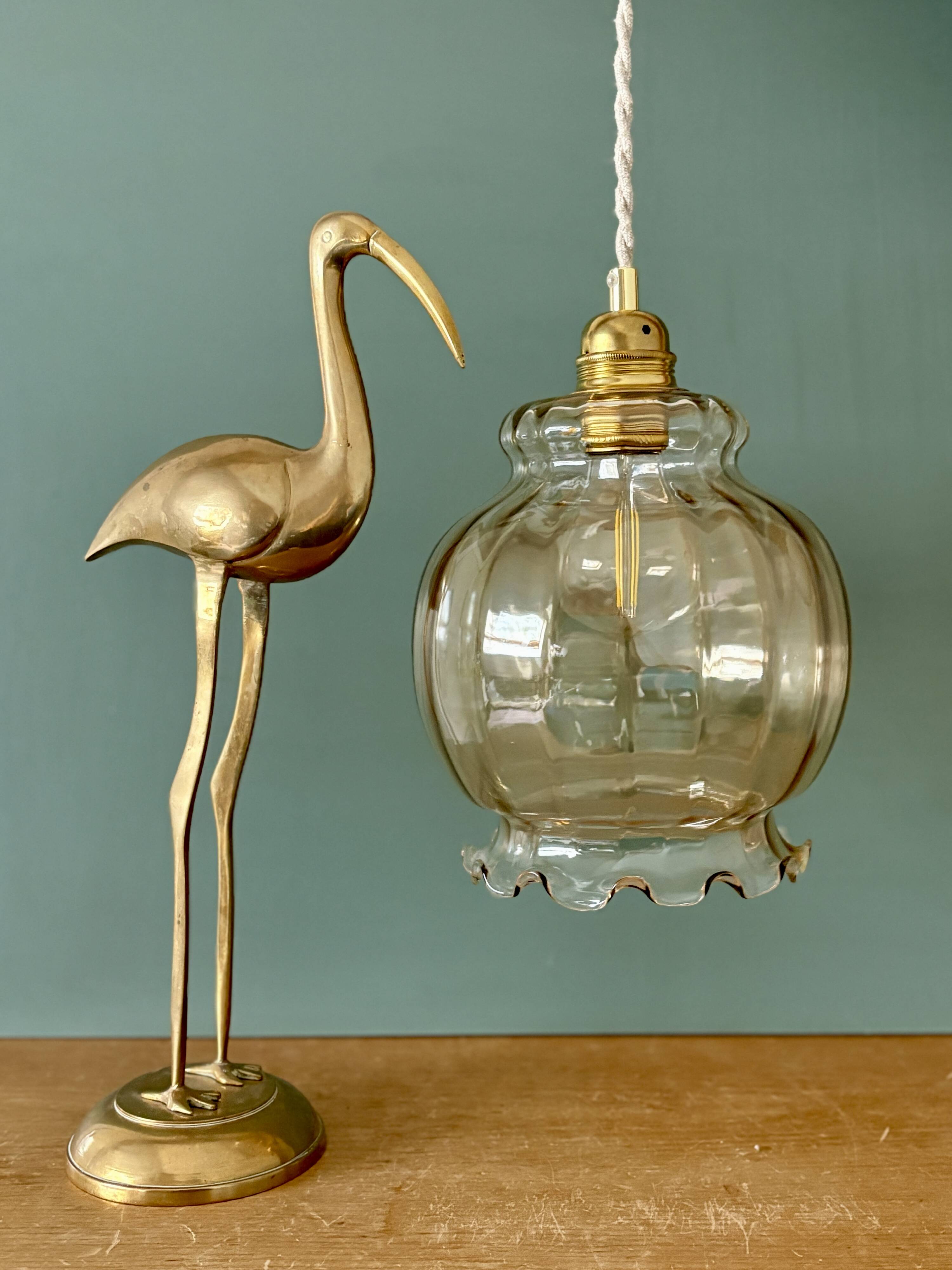 XL vintage globe pendant light in amber glass