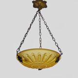 Ancien lustre, suspension vasque Art Déco 1 Feu, en pâte de verre jaune.