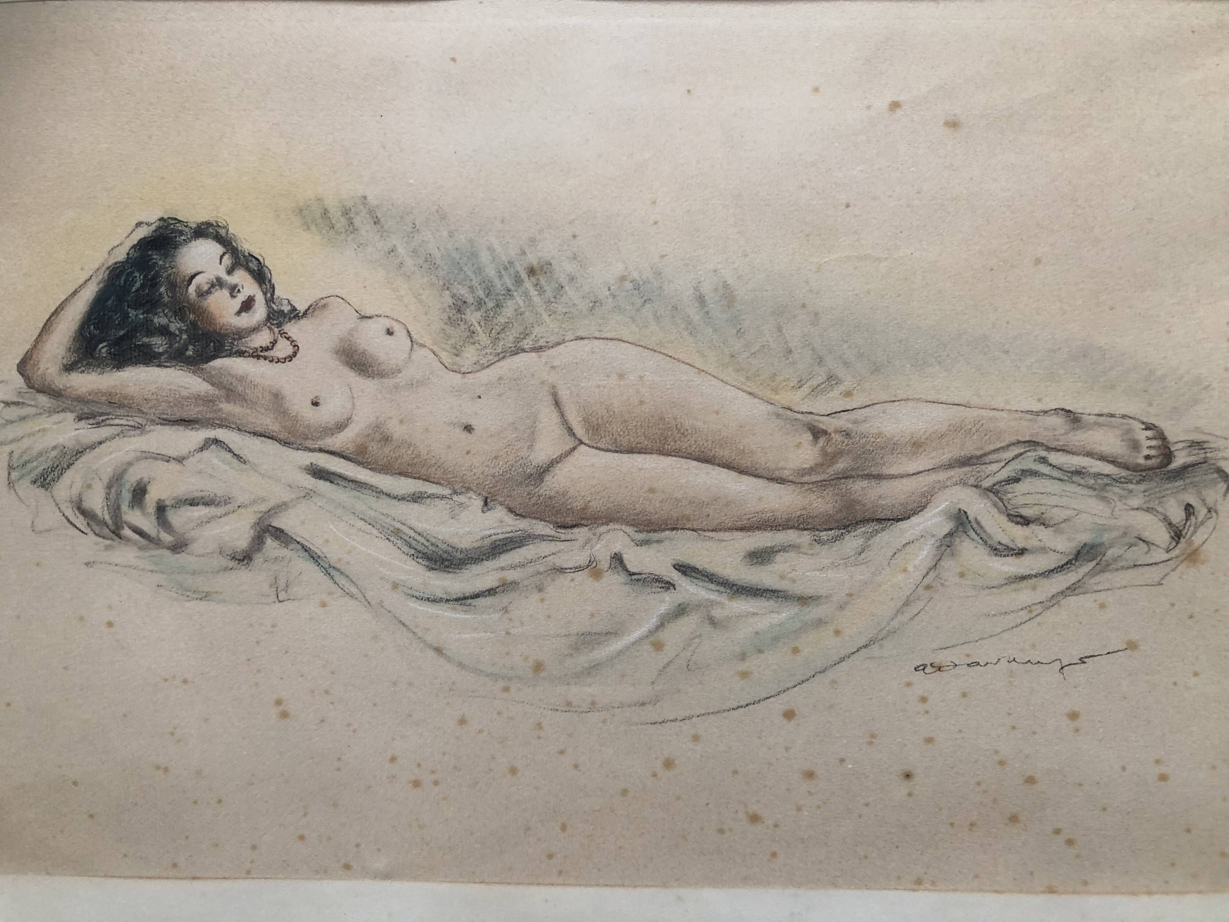 Pencil and pastel drawing xix paper: naked woman lying on a sheet, signed adam (hugo?), fine arts