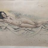 Pencil and pastel drawing xix paper: naked woman lying on a sheet, signed adam (hugo?), fine arts
