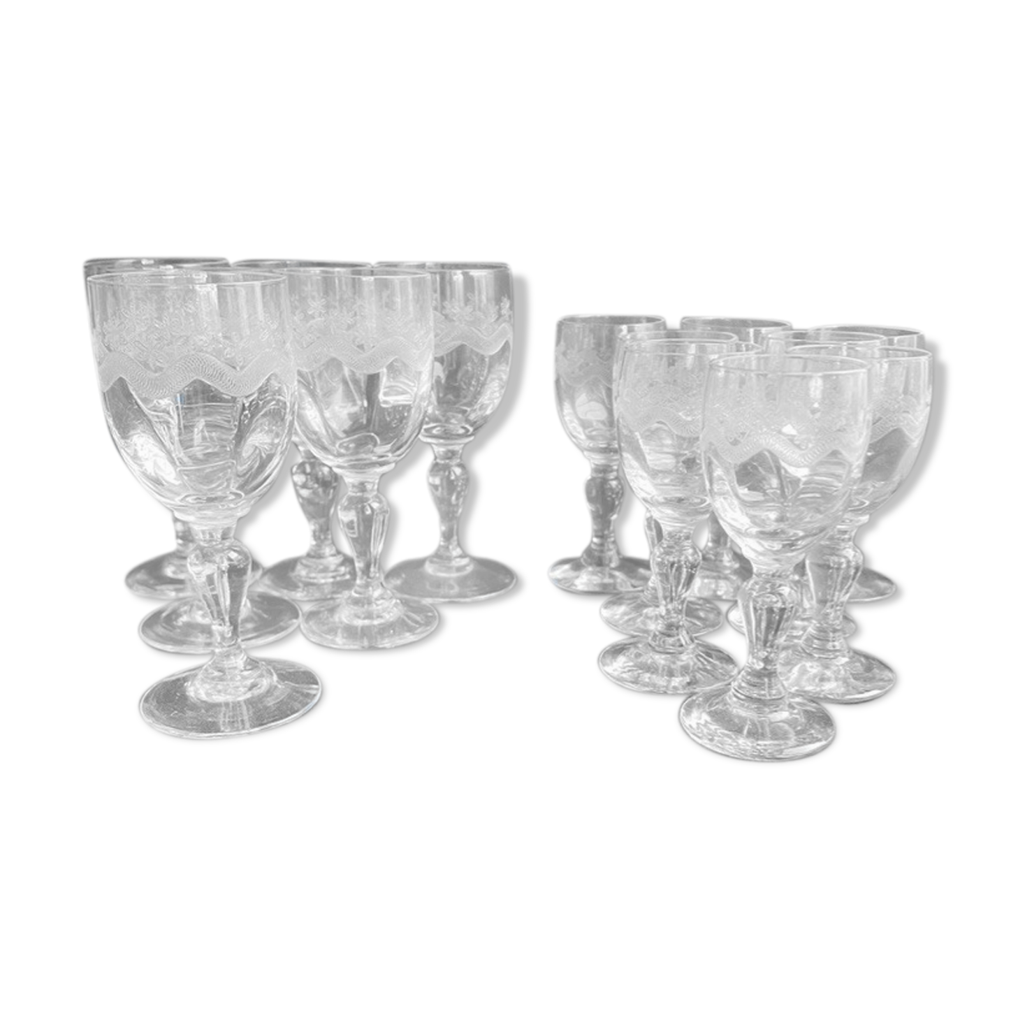 14 Meisenthal blown and engraved digestive glasses