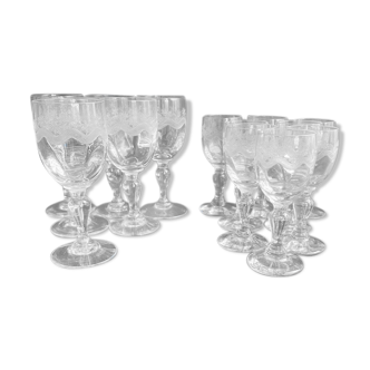 14 Meisenthal blown and engraved digestive glasses
