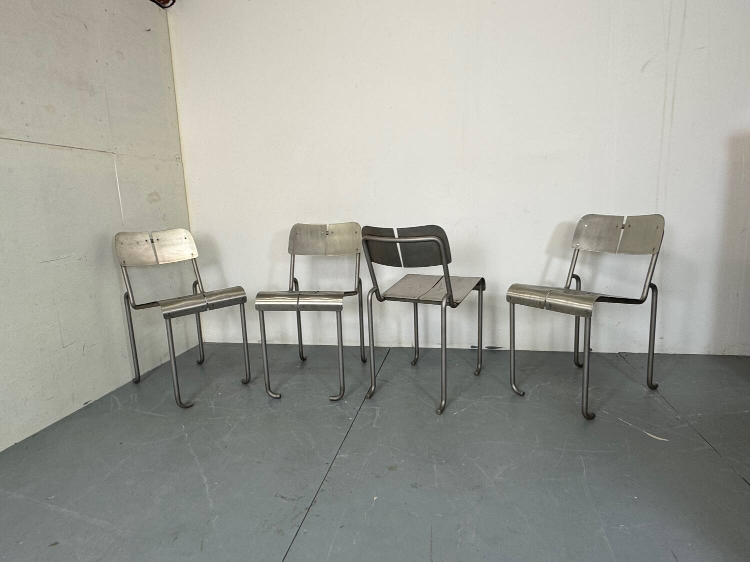 Memphis Architectural Stainless Steel French Dining Chairs, 1980s Set of 4