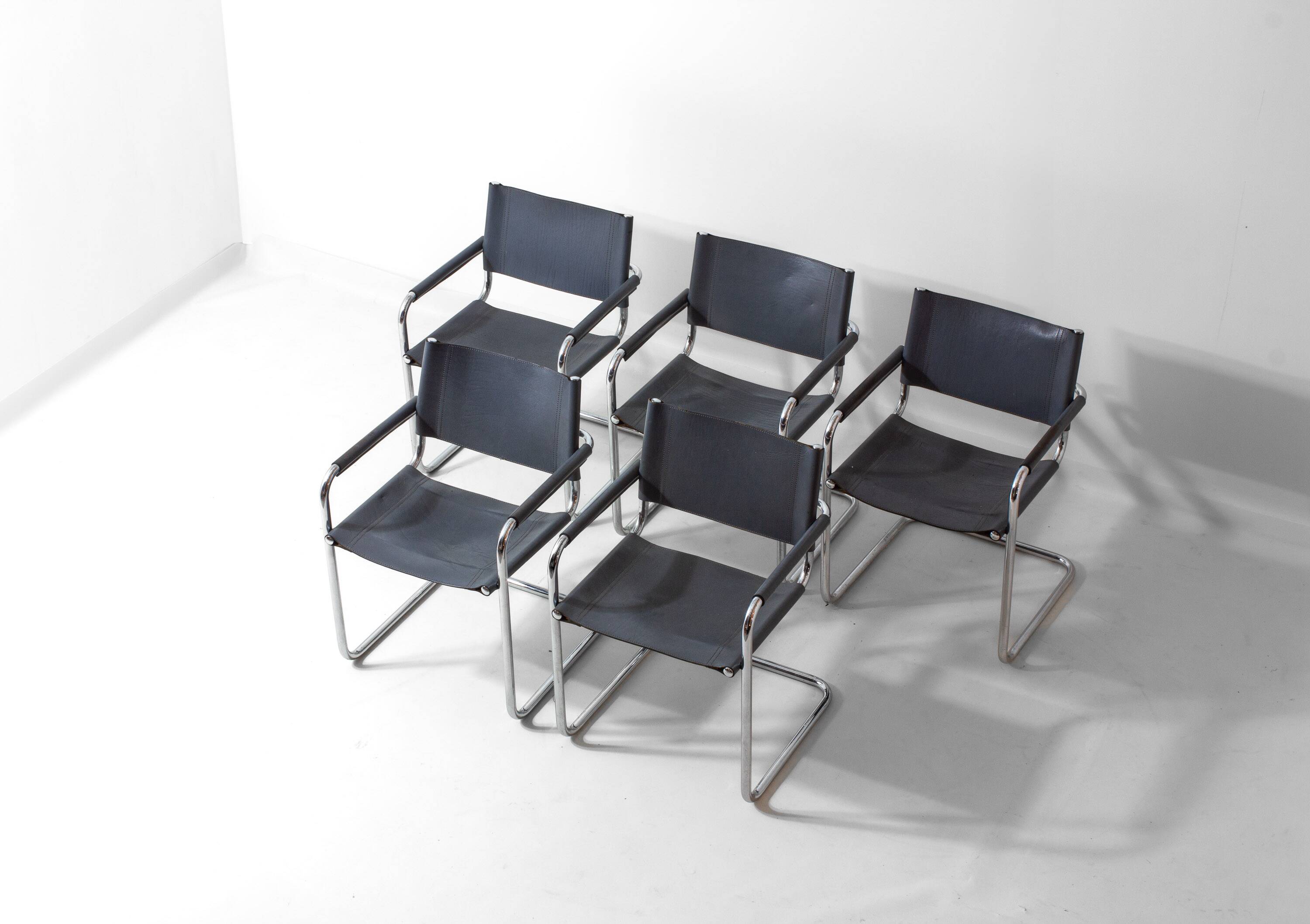 Set of Bauhaus "MG5" leather chairs by Matteo Grassi, Italy, 1980s