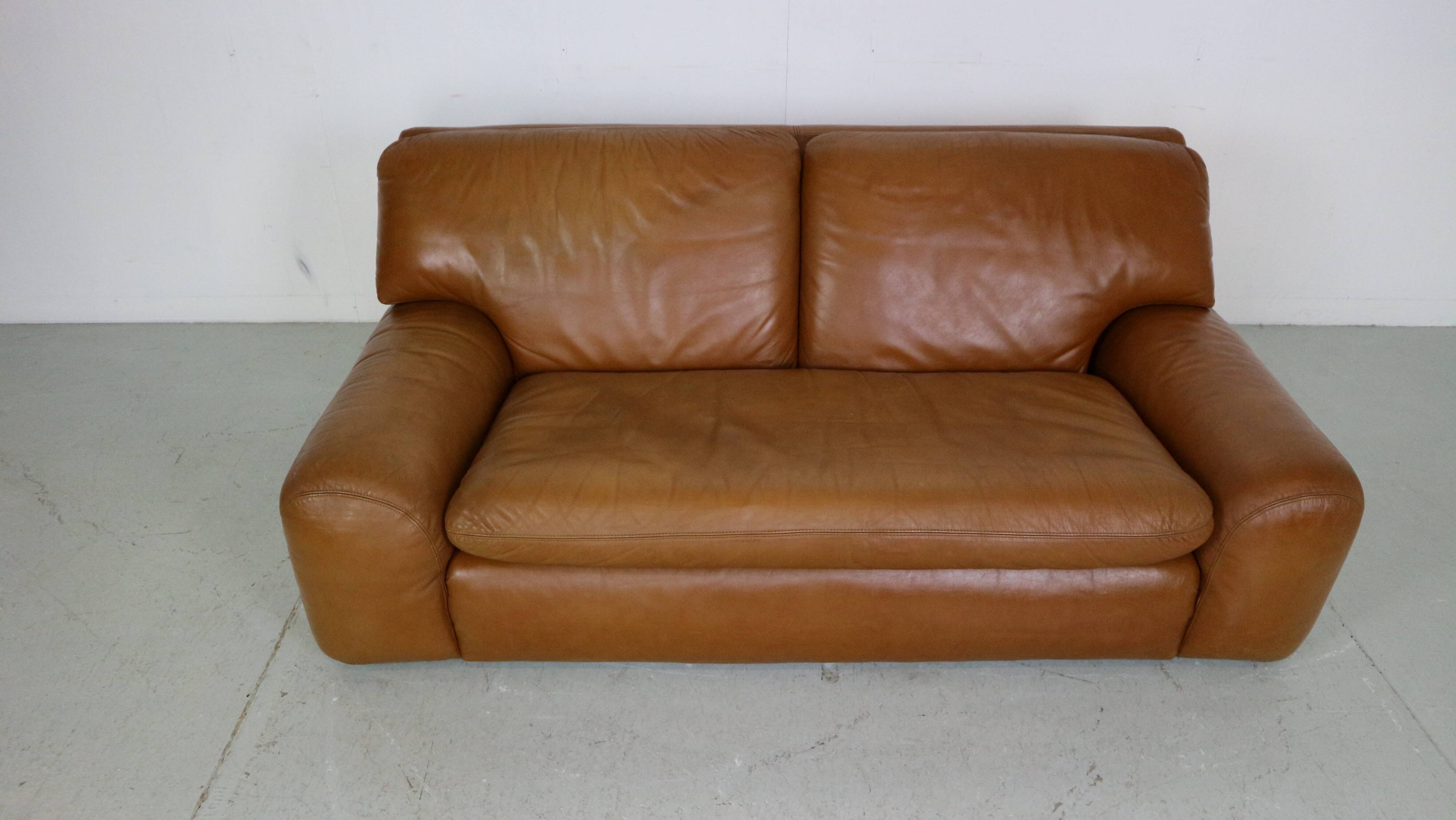 Cini Boeri Cognac Leather 2 Seater "Bengodi" Sofa For Arflex, 1970 Italy