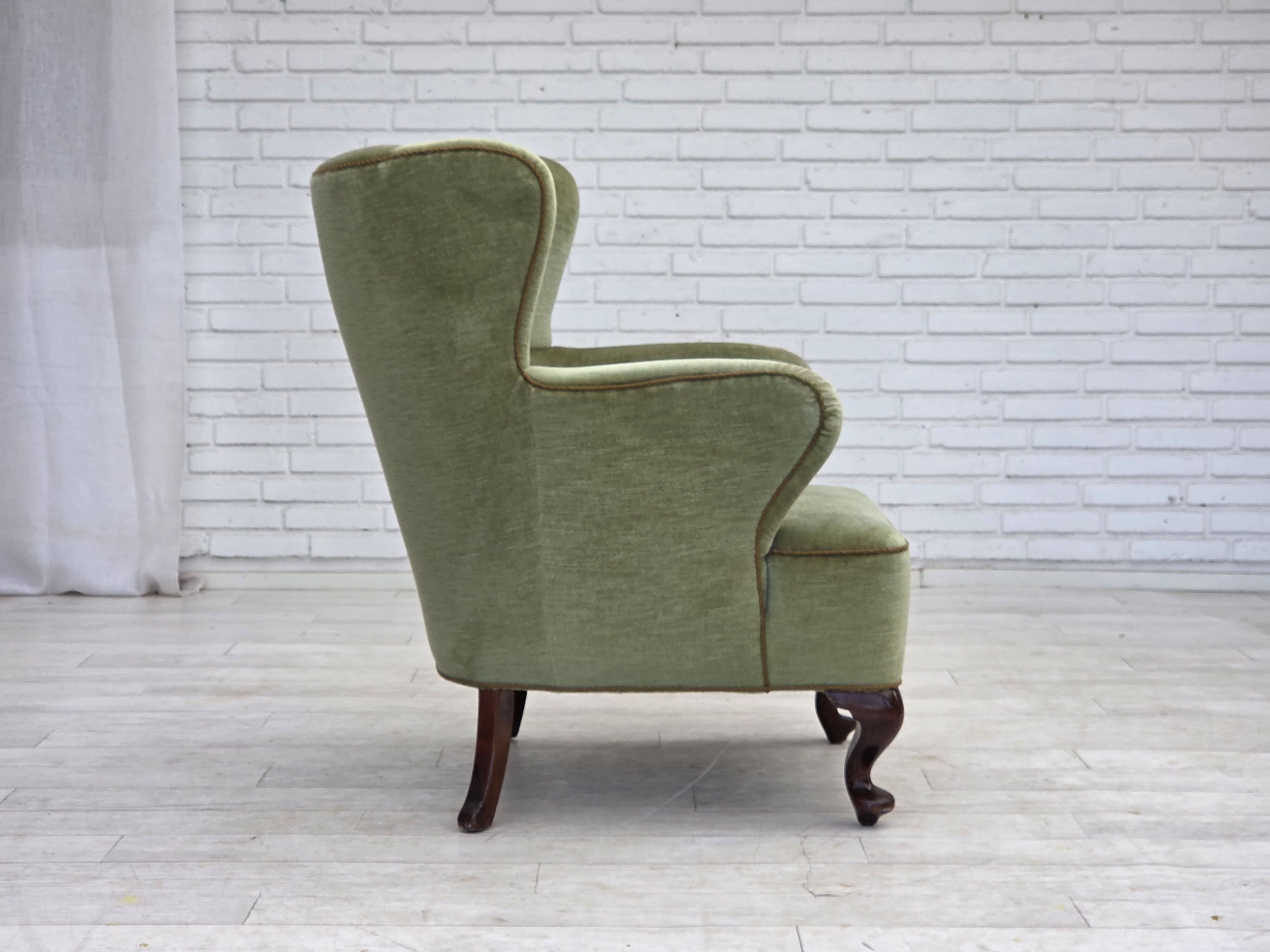 1960s, Scandinavian armchair, green furniture velour, oak wood legs.