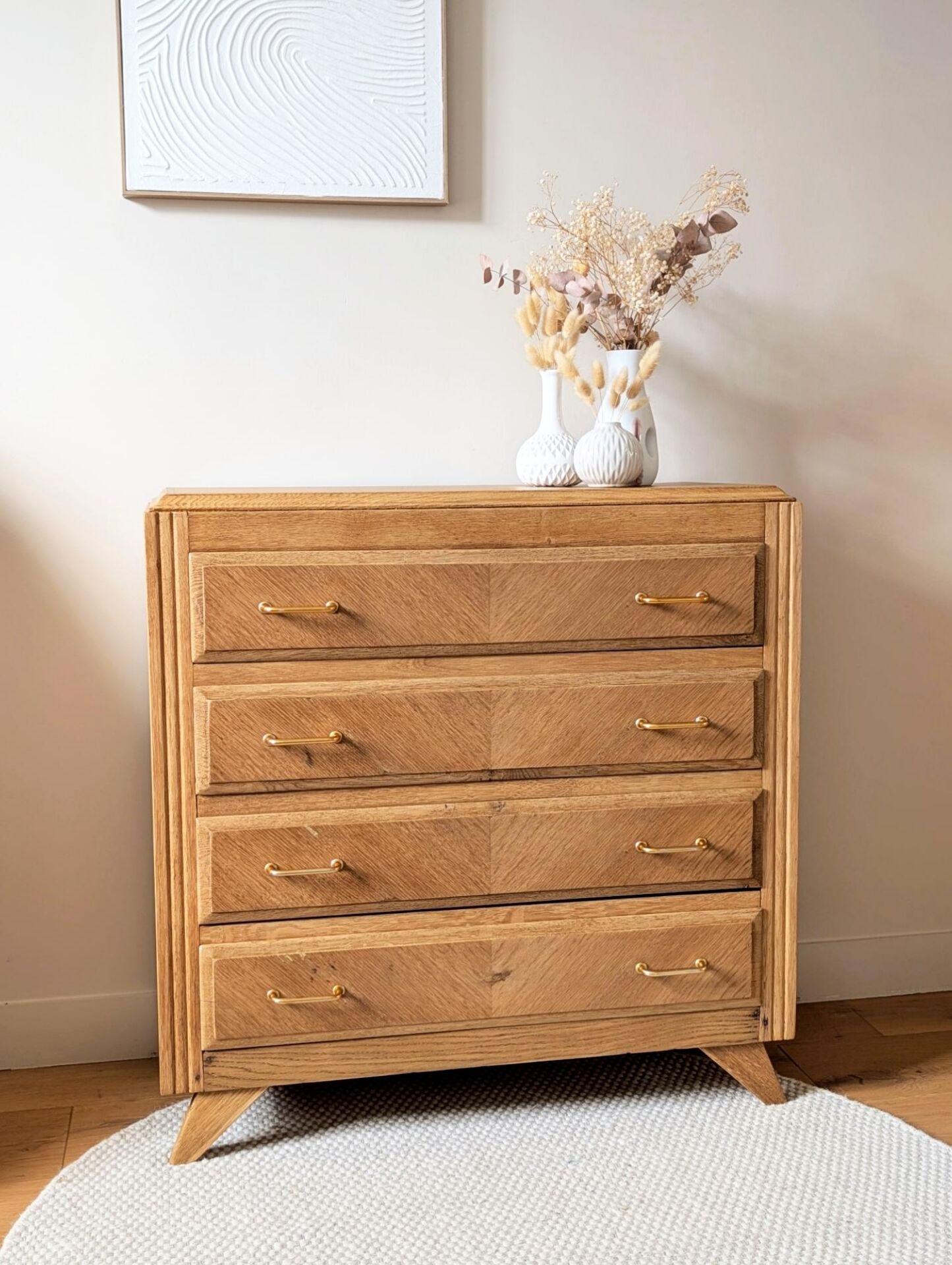 Commode vintage rénovée, chêne blond, pieds compas, années 50 60