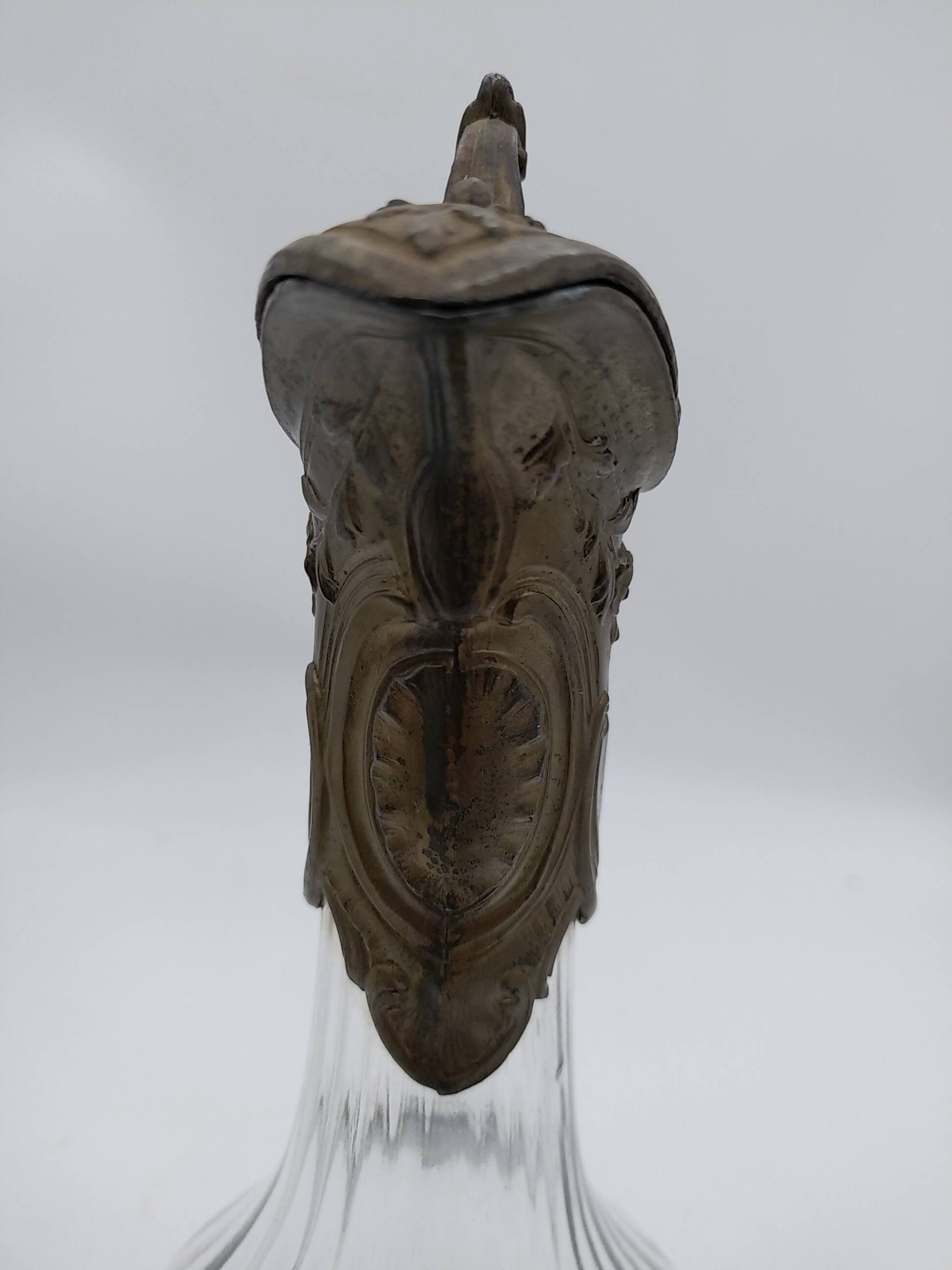 Large balloon glass carafe with pewter frame.