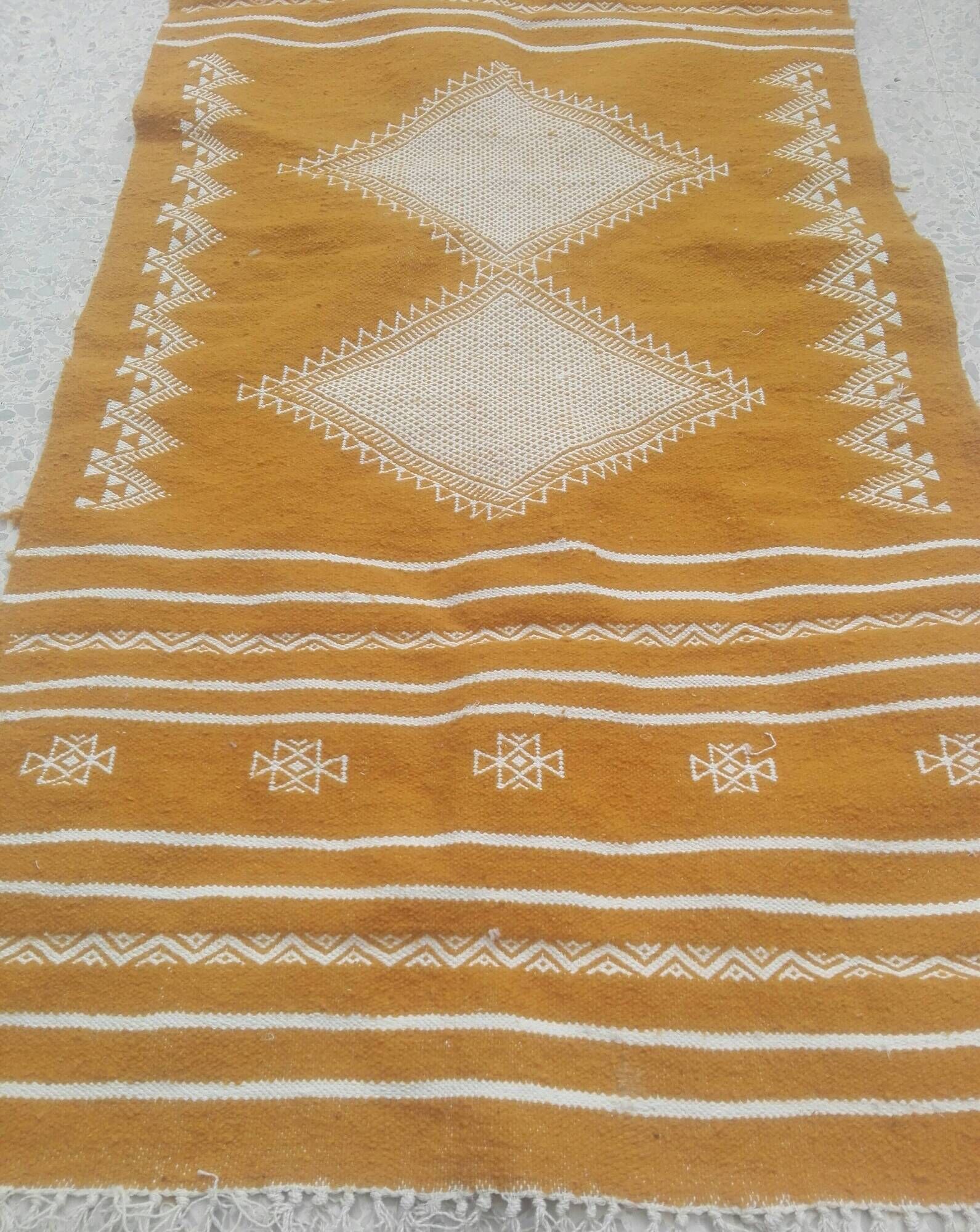 Pure wool handmade mustard and white Kilim rug 80x160cm
