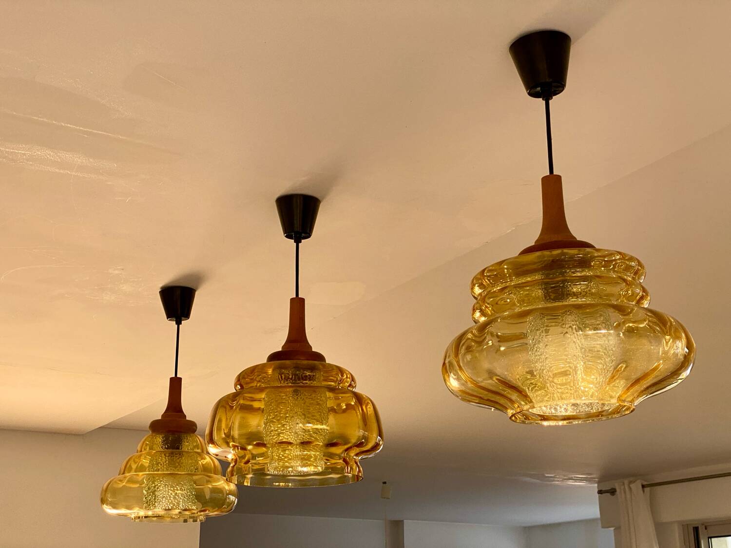 Trio of 3 glass chandelier suspensions GDR 1970 Veb Narva