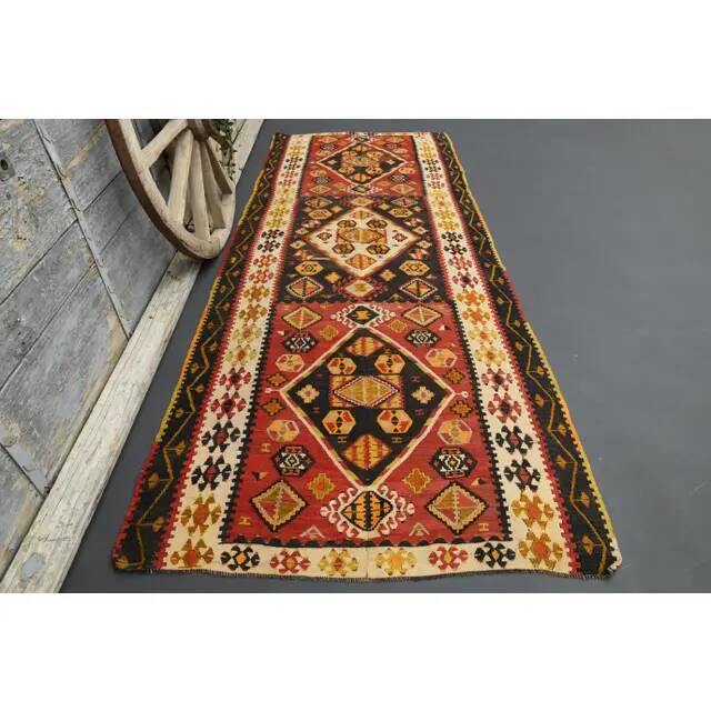 1970s Turkish Oushak Handmade Wool Cotton Red Runner 127x321