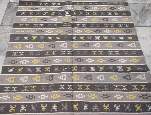 tapis gris rayé, tapis kilim en pure laine fait à la main, tapis béni ourain berbère