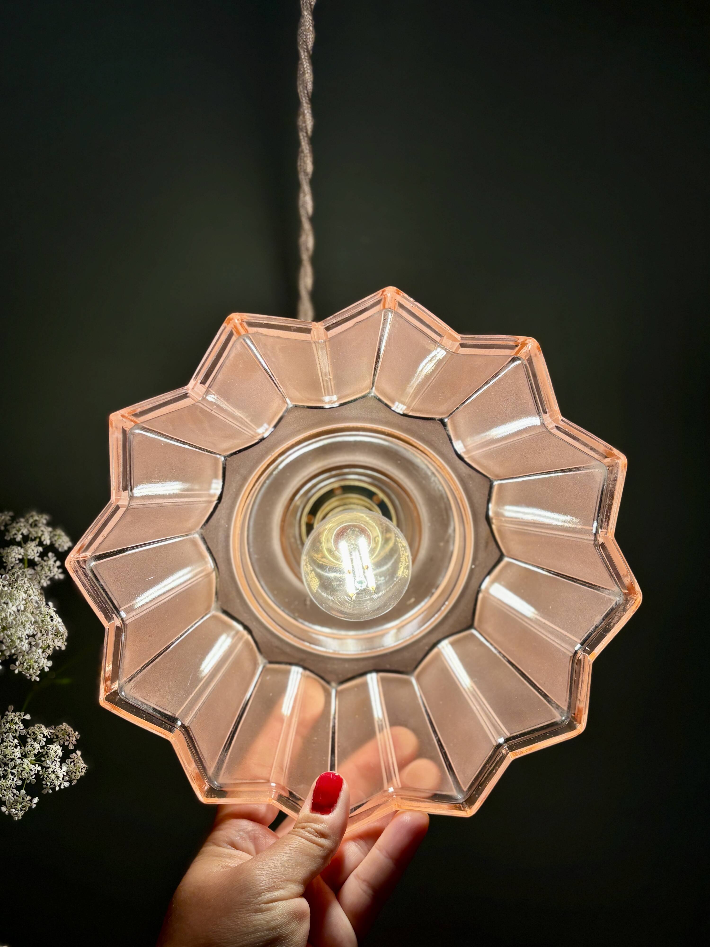 suspension vintage art deco lampshade in frosted pink glass