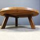Large tripod round wooden brutalist coffee table, 1960s