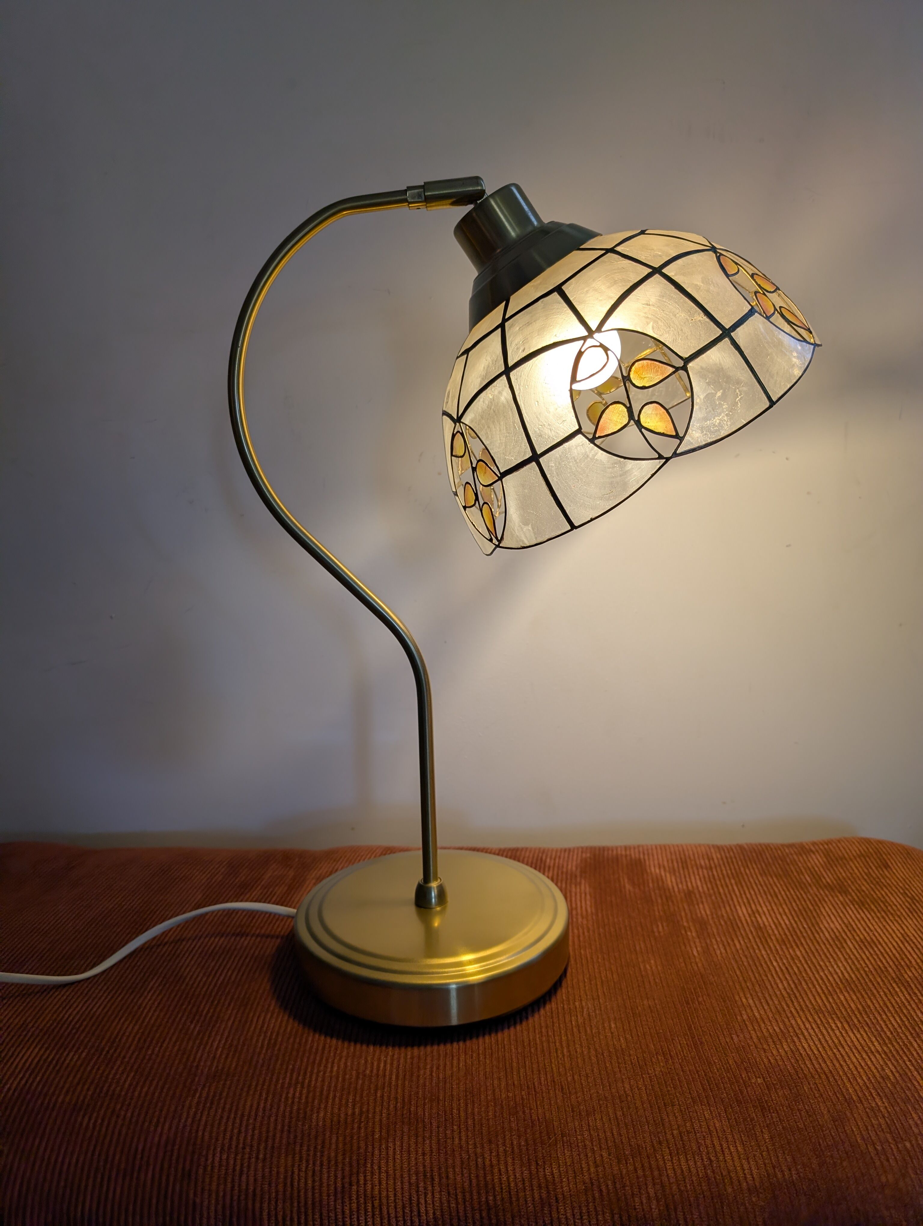 Swan neck lamp. Brass lampshade with mother-of-pearl leaf patterns.