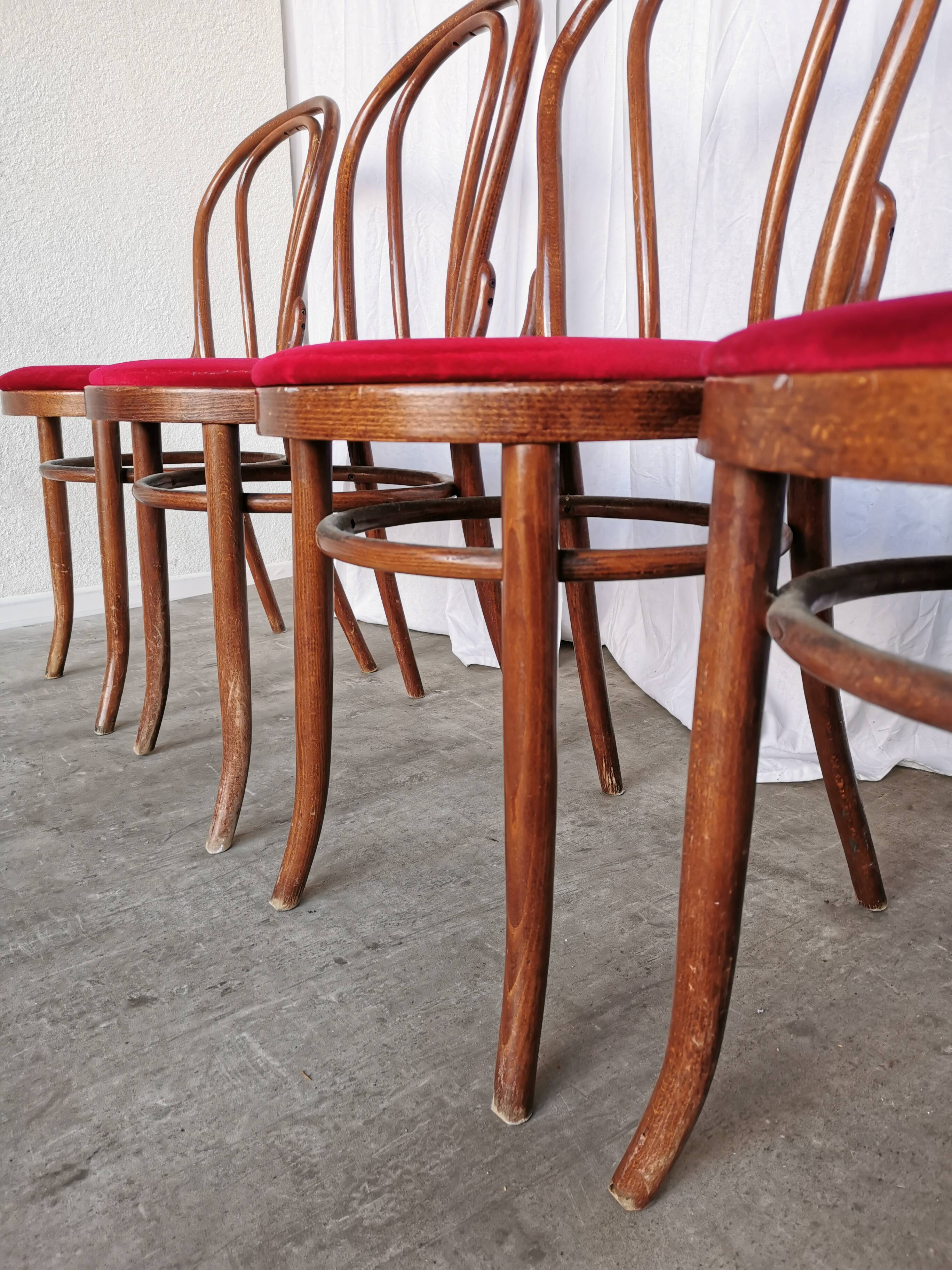Set of 4 Vintage Bentwood Bistro Chairs, Red Upholstery