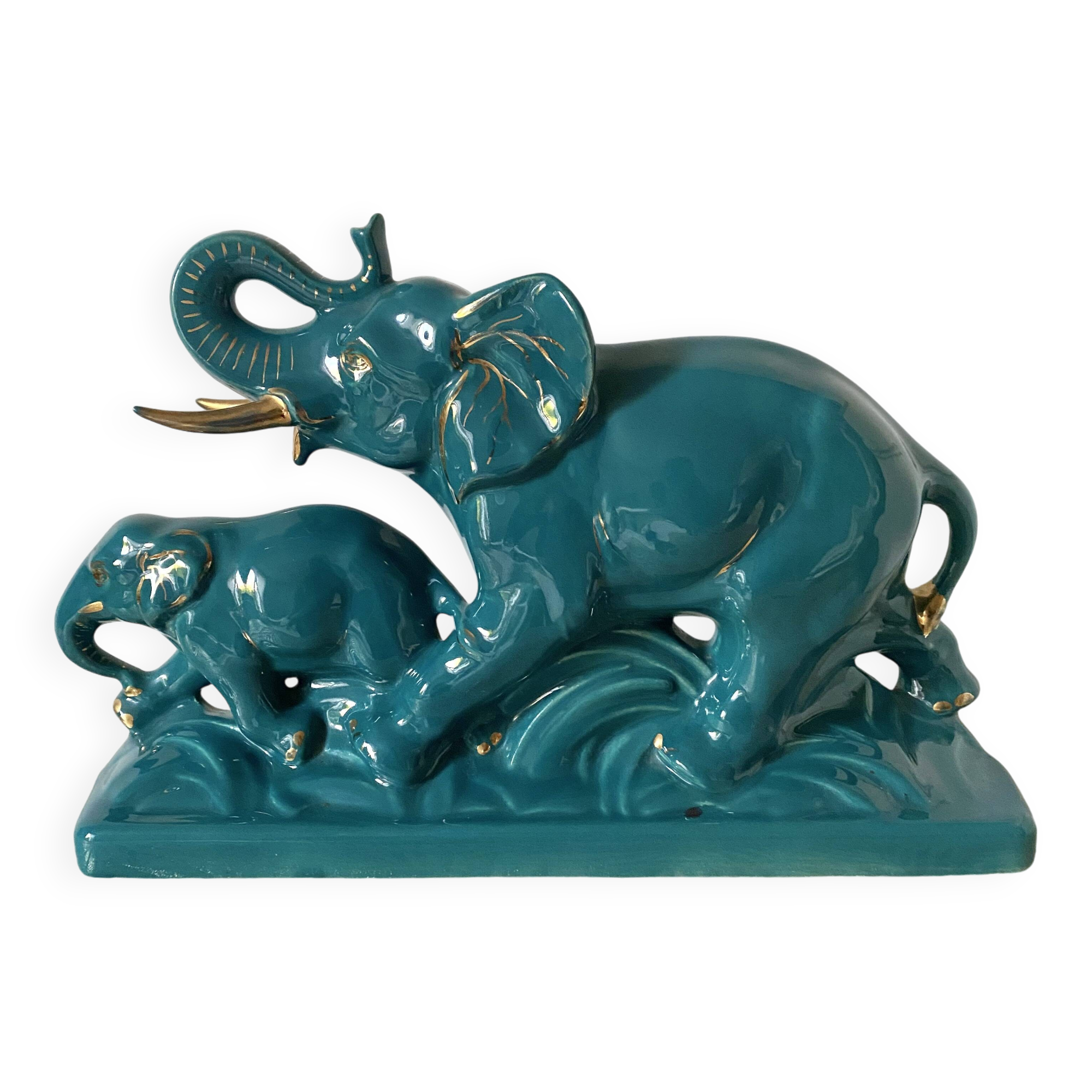Turquoise and gold art deco ceramic elephants
