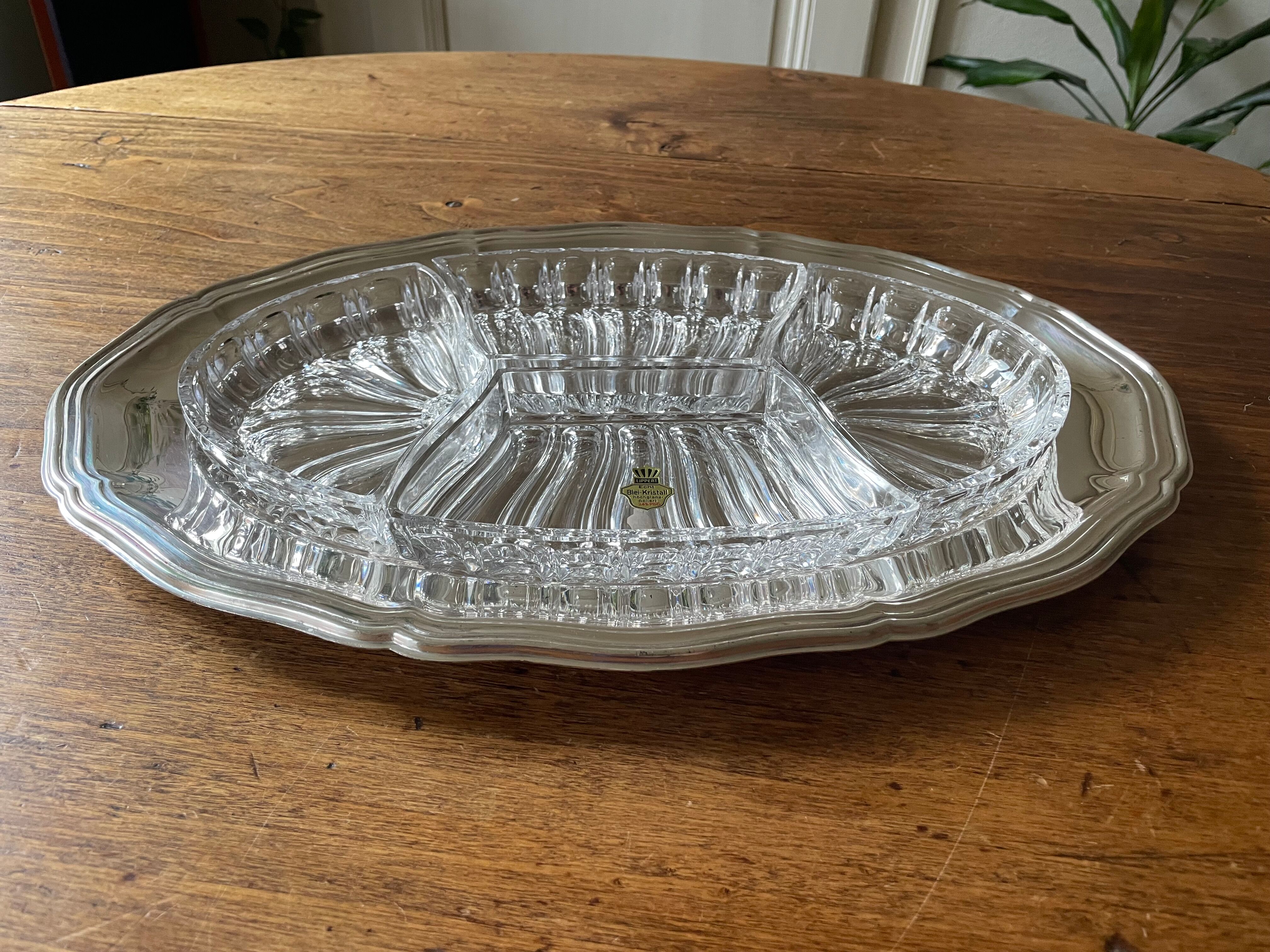 Antique serving dish, aperitif, starters, in Lippert crystal and metal