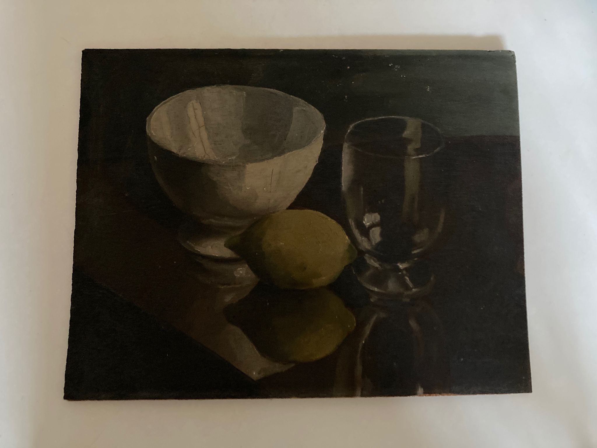 Oil on wood still life with glass bowl and lemon chiaroscuro 1960