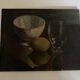 Huile sur bois nature morte au bol au verre et au citron clair obscur 1960
