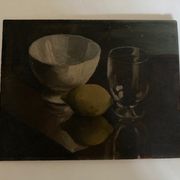 Oil on wood still life with glass bowl and lemon chiaroscuro 1960