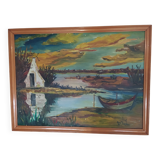 oil on panel twilight on the salt marshes of Brittany signed JDD