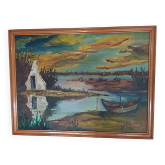 oil on panel twilight on the salt marshes of Brittany signed JDD