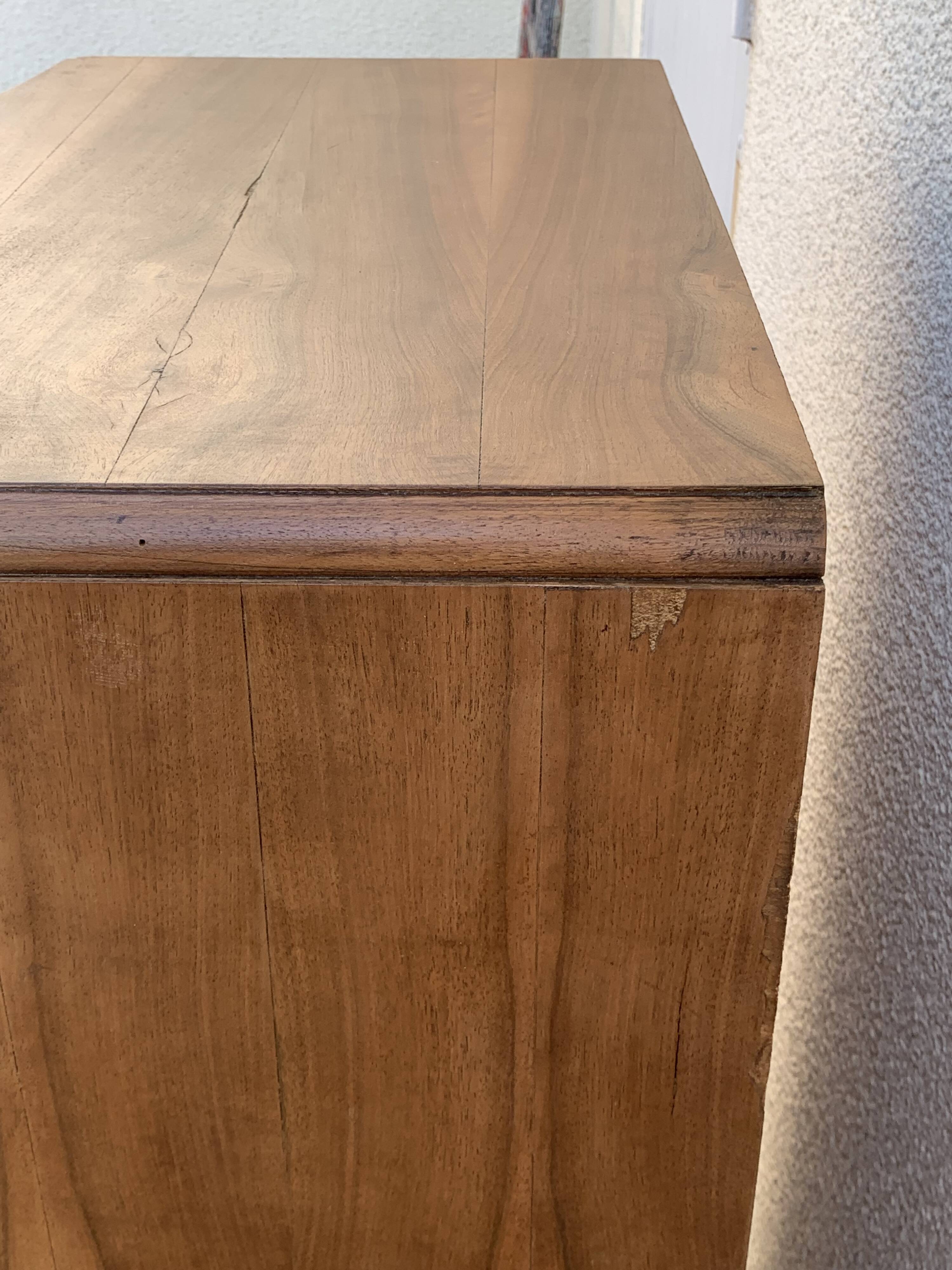 High art deco chest of drawers with mustache feet in raw walnut, 1930s