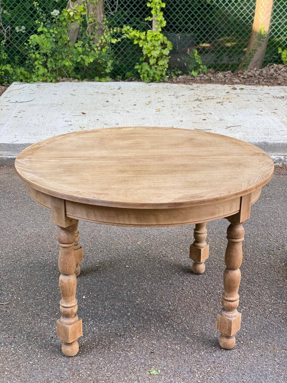 Extendable round farmhouse dining table renovated in raw oak 160cm 20th century