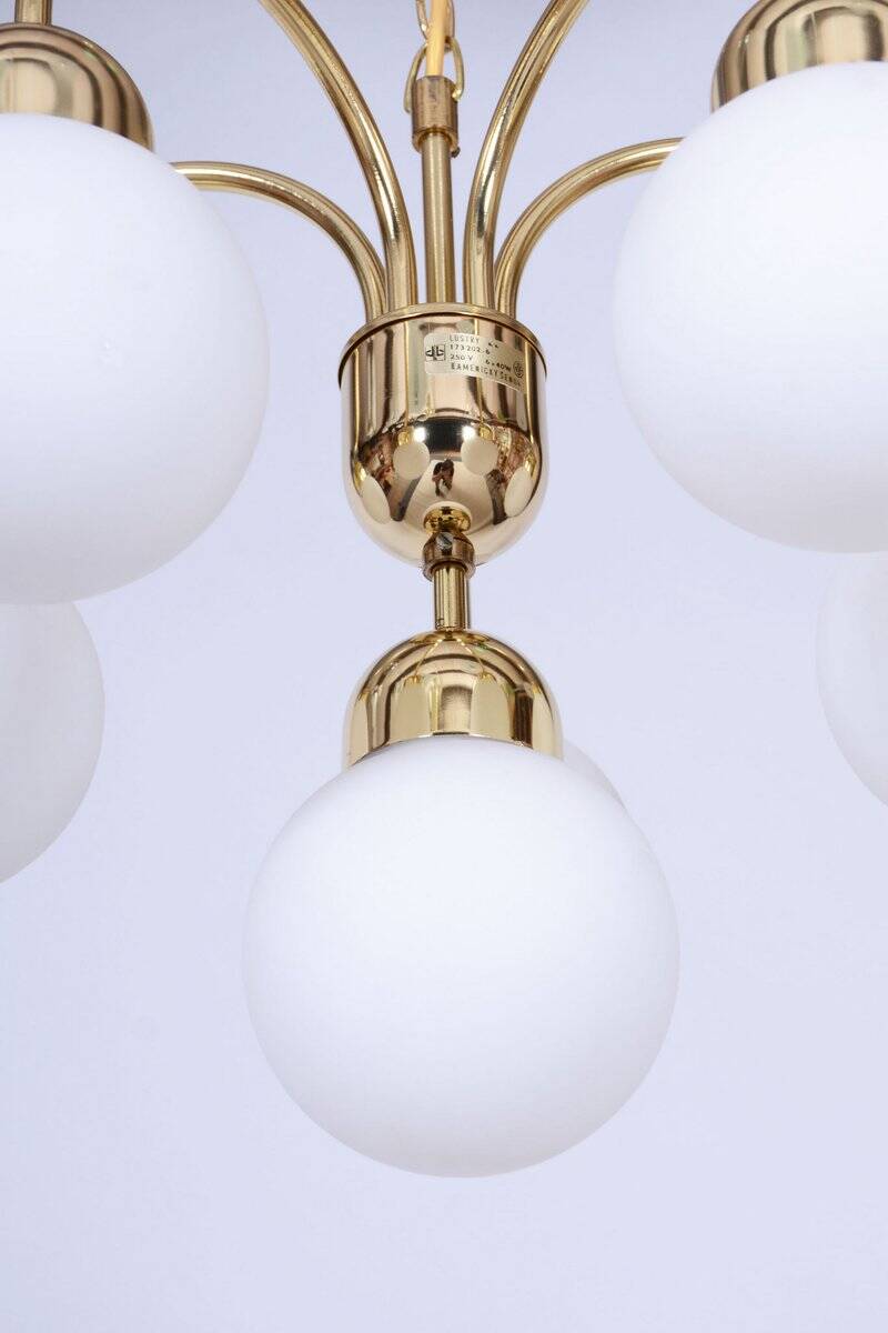 Mid-Century Chandelier in Brass and Opaline Glass, Czech, 1950s