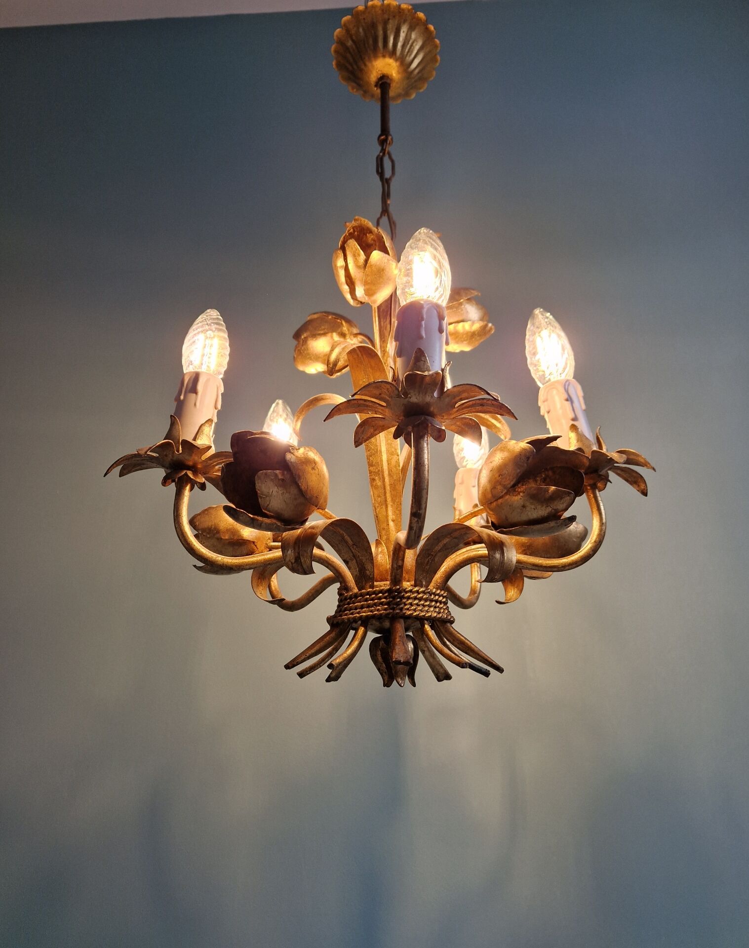 Lustre italien en métal doré, 5 points lumineux, 1970