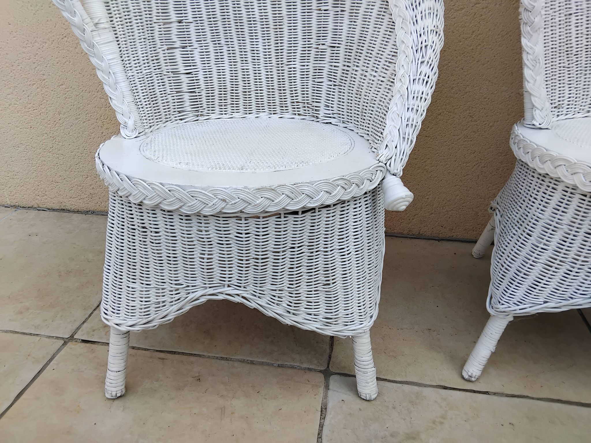 Paire de fauteuil en osier rotin blanc art deco vintage