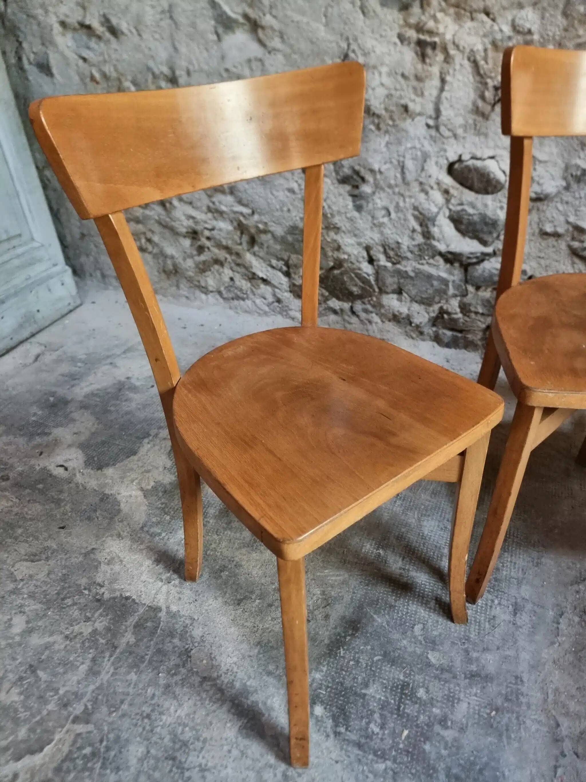 Set of 4 French bistro chairs, beech and plywood, 1960s, mid-century dining chairs.