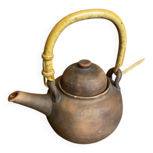 Théière ancienne terre cuite + anse en bambou style japonais vintage